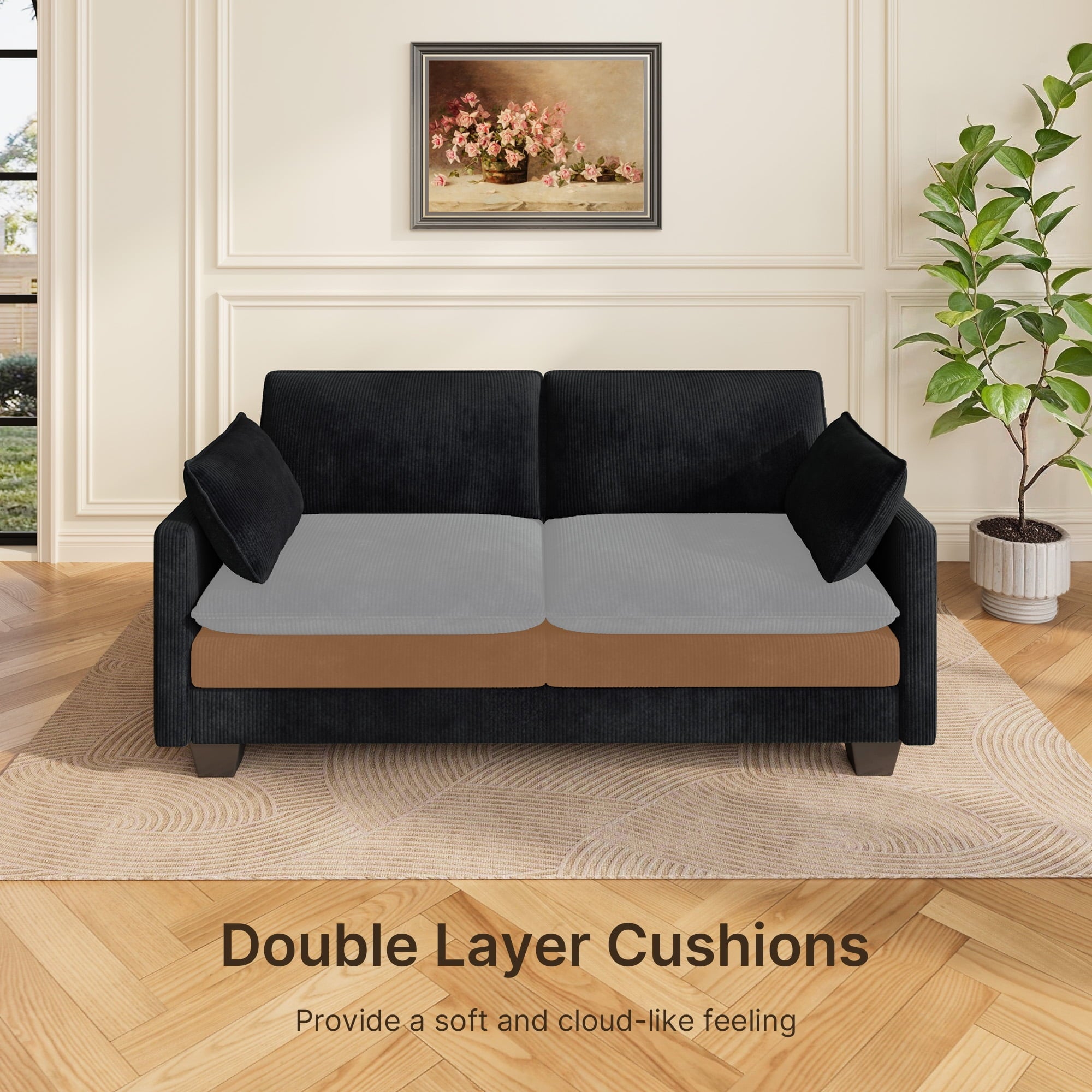 110'' Oversized L Shaped Couch for Living Room, Cloud Couches with Washable Corduroy Cover, Modern 4-Seater Comfy Deep-Seat Sofa with Movable Ottoman and 2 Throw Pillows for Apartment, Gray