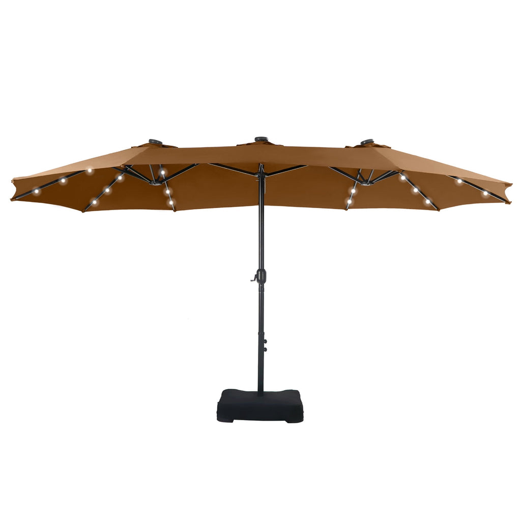 SUMMIT LIVING 15ft Double-Sided Solar Patio Umbrella with Base (Included) Large Outdoor Umbrella with Solar Lights - Beige