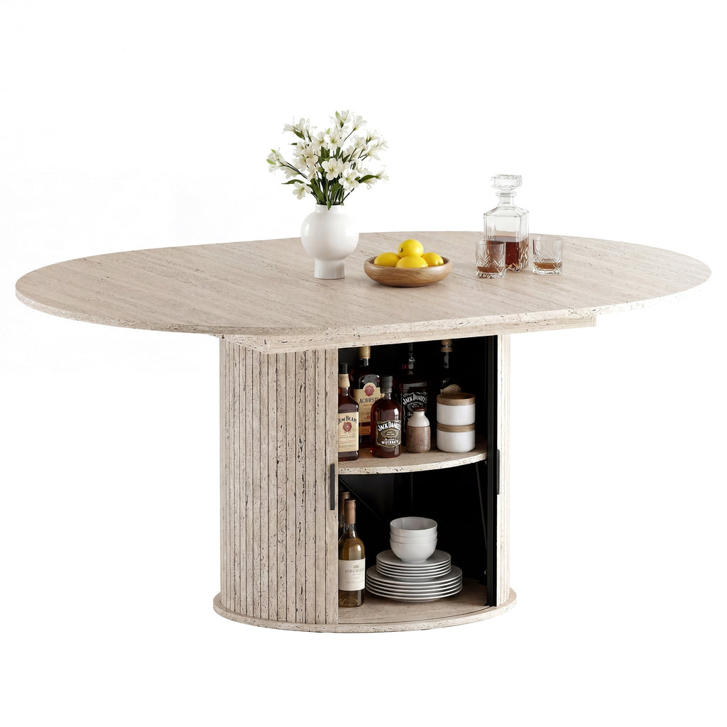 EOP 47″- 63″ Extendable Round Dining Table for 4-6, Wooden Kitchen Table with Hidden Storage and Fluted Sliding Door Cabinet, Modern Space-Saving Table for Dining Room Kitchen, Walnut