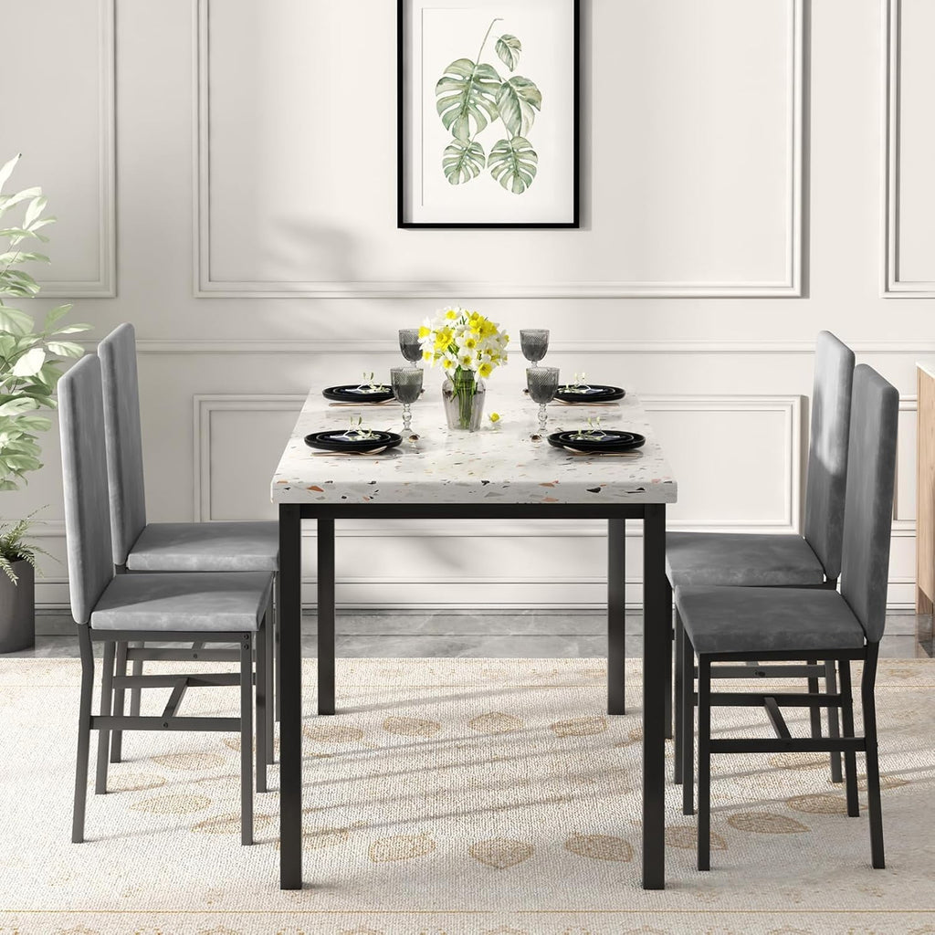 MIERES 5 Piece Dinning Table Sets for 4, Marble Kitchen Table and Chairs for 4,Dining Room Table Set with PU Leather Chairs,Faux Marble Dining Set for Small Spaces,Living Room,White+Brown