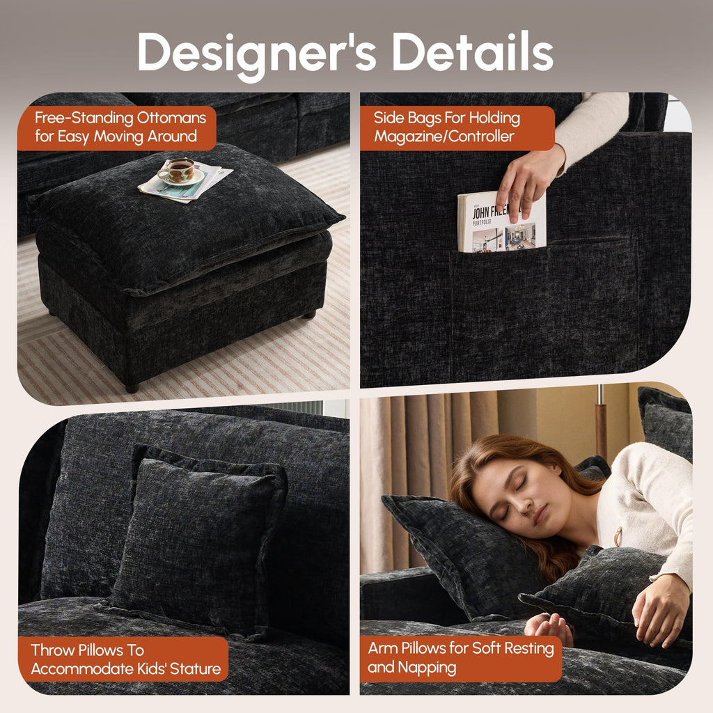 Ovios 108 Modular Sectional Sofa U-Shaped Cloud Couch with 2 Ottomans, Comfy Living Room Furniture, Chenille, Camel
