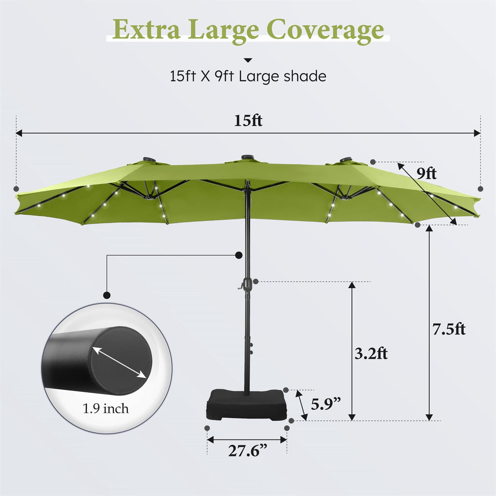 SUMMIT LIVING 15 FT Double-Sided Solar Patio Umbrella with Base Large Outdoor Umbrella with LED Solar Lights - Haze Blue