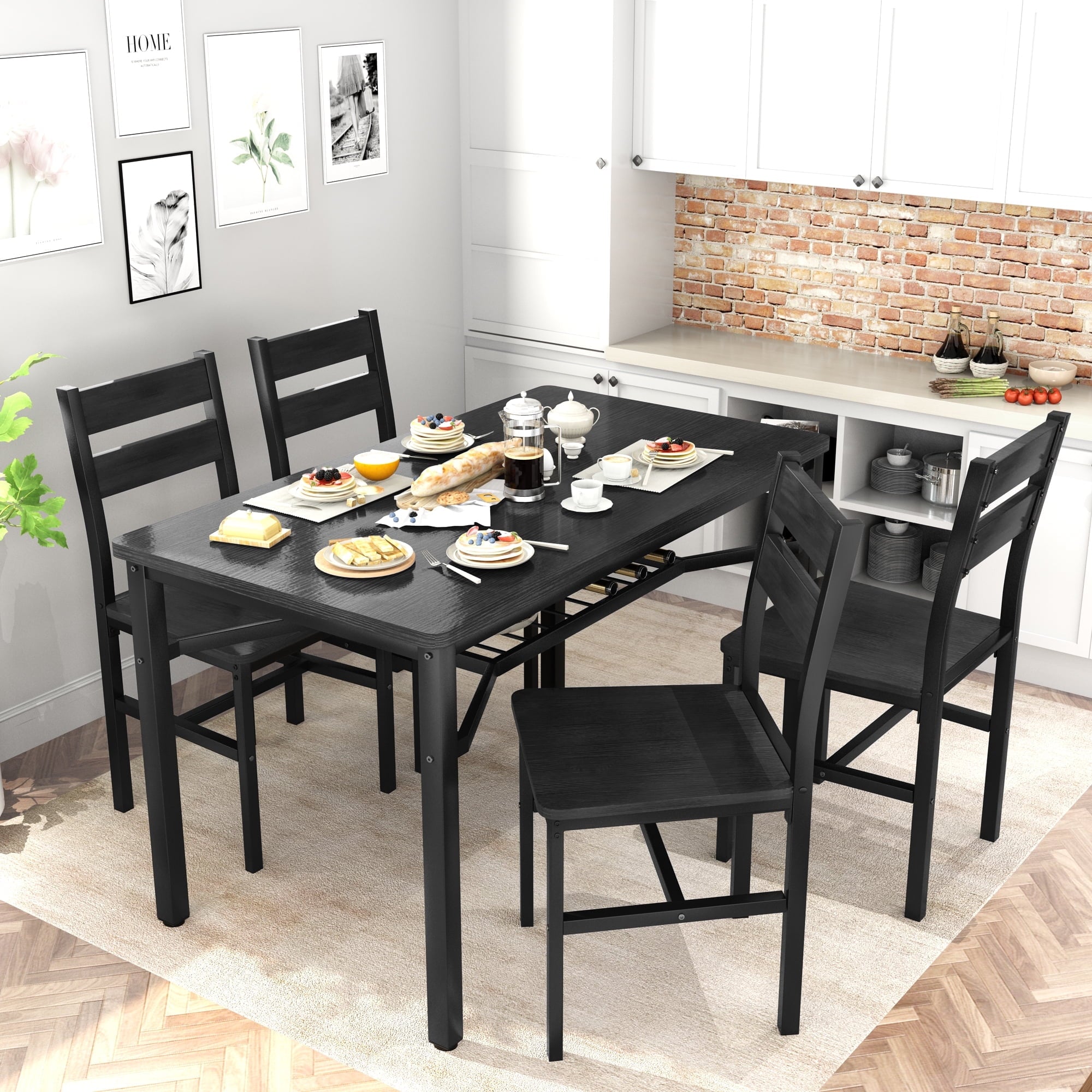 Baxluxe 4-person dining table set, farmhouse-style wooden kitchen dining table and chair set, farmhouse 5-piece dining table set with storage rack, small kitchen dining table set,Black