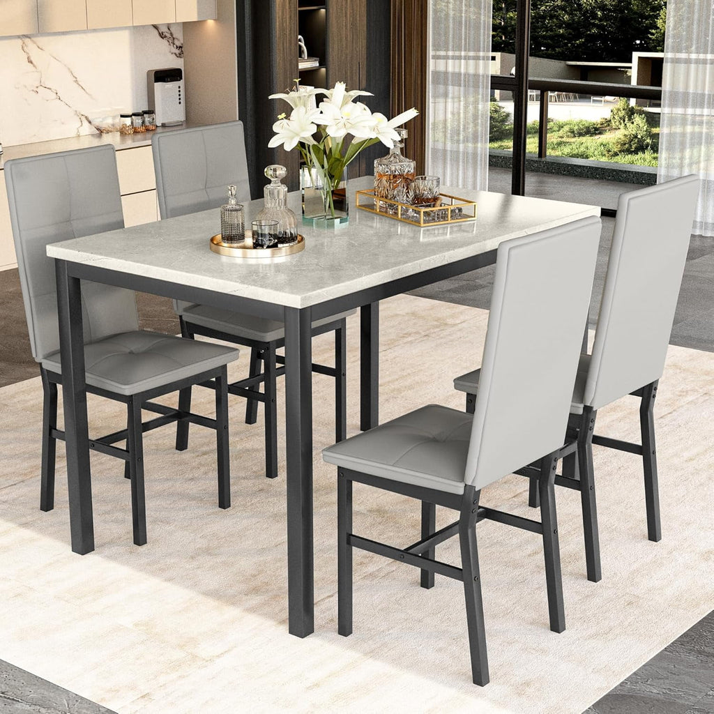 LinkRomat Dining Table Set for 4, Modern Faux Marble Tabletop and 4 PU Leather Upholstered Chairs, Kitchen Table and Chairs for Dining Room Breakfast Nook, Gray