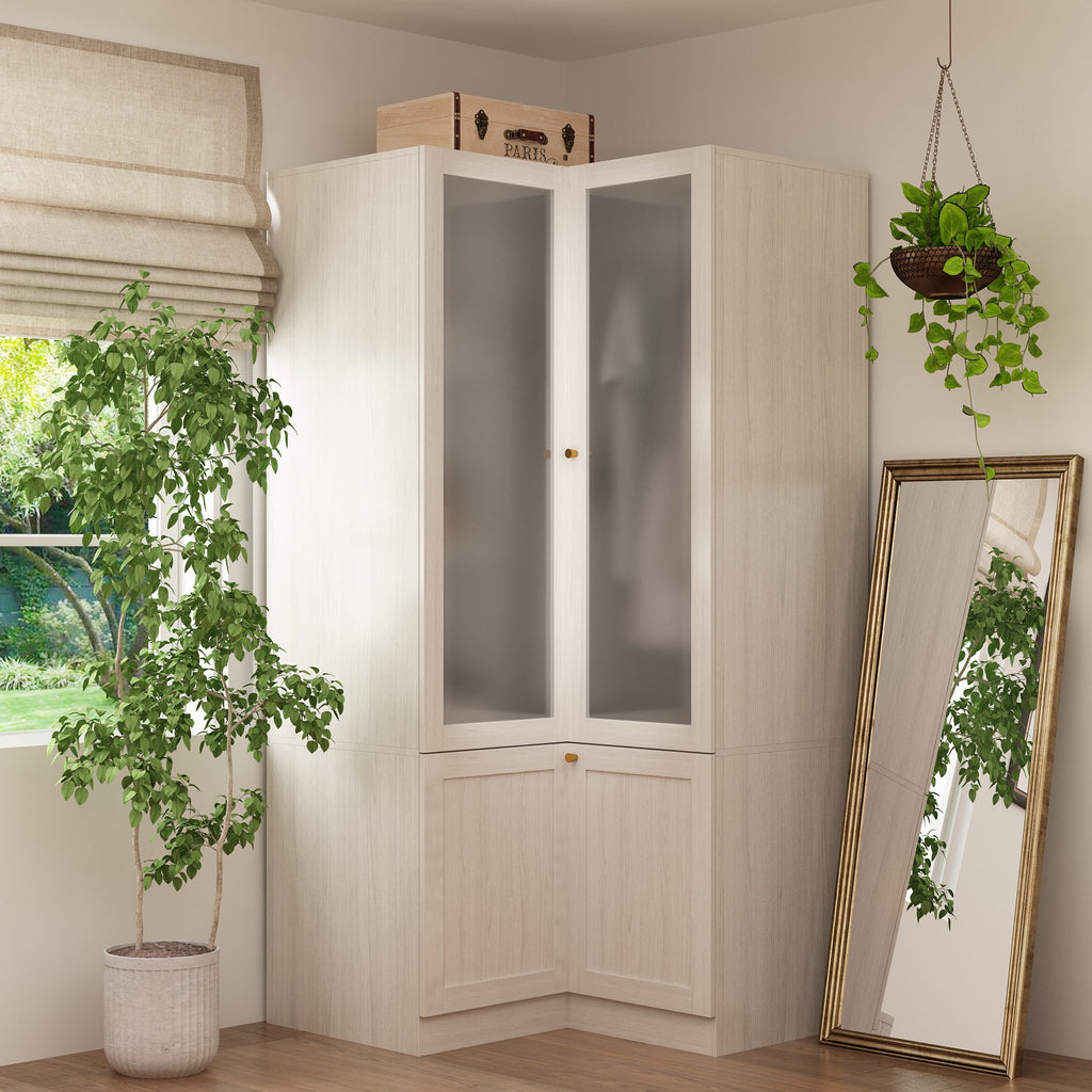 KULAGAGA Corner Armoire Wardrobe with Frosted Glass Doors, L-Shaped Closet Cabinet with Shelves and Hanging Rail for Bedroom