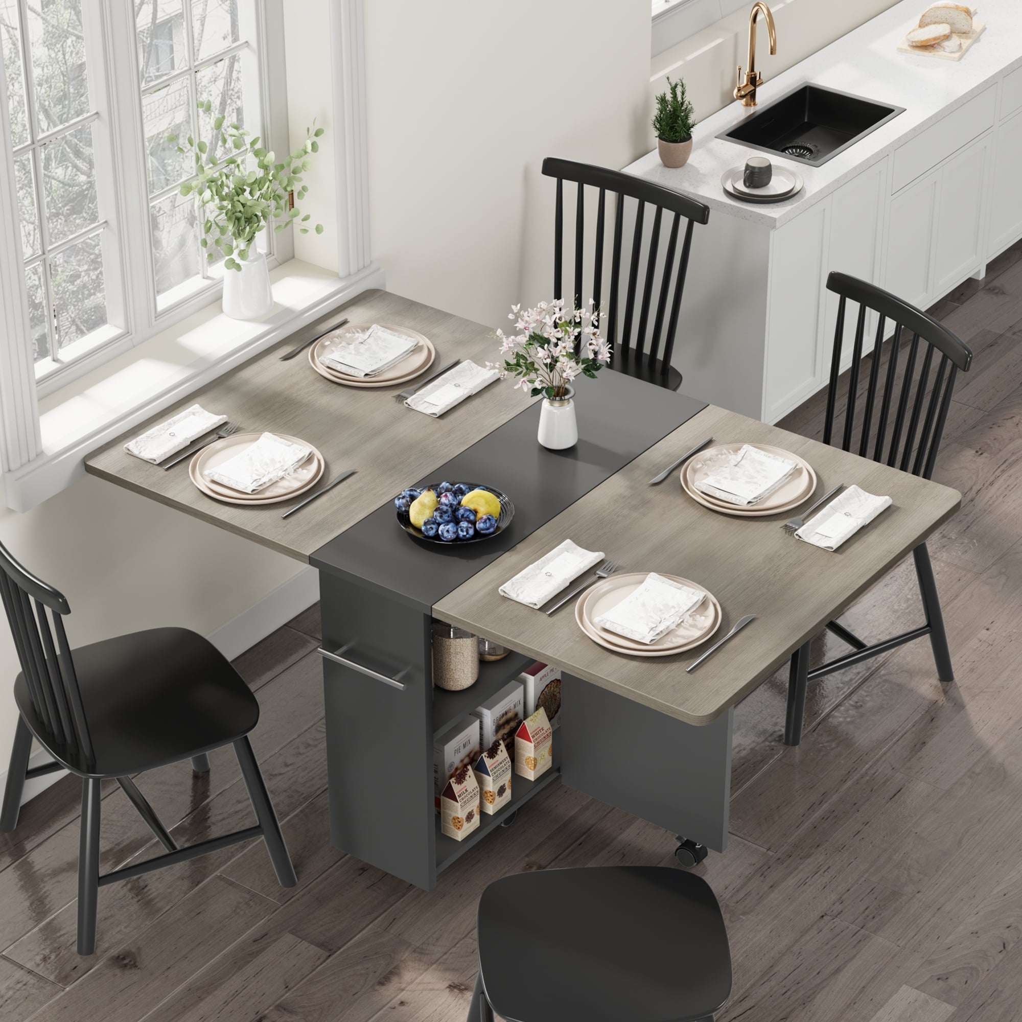 Folding Dining Table with 2 Tier Storage, Extendable Kitchen Table, Drop Leaf Table, Rectangle Dining Room Tables Set for 4, Space Saving Collapsible Expandable Dinner Kitchen Office Furniture