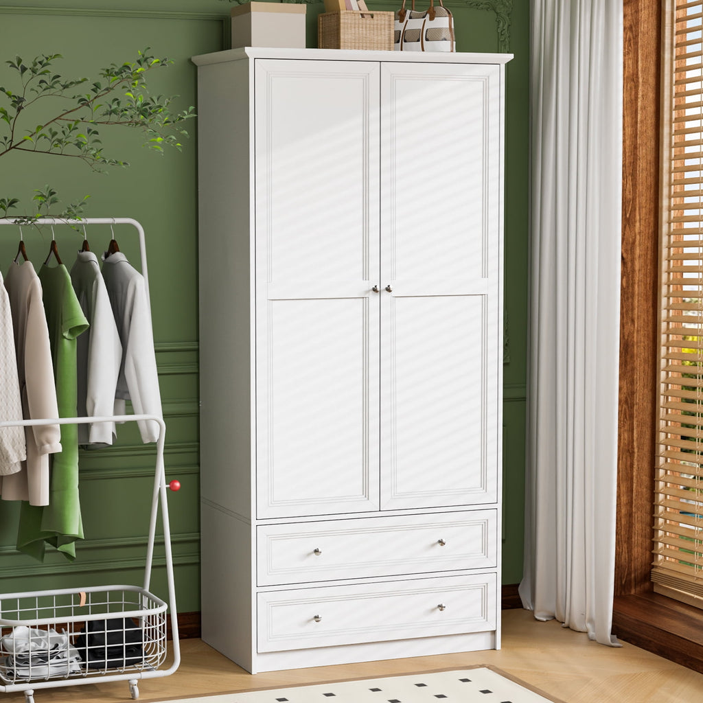 Ktaxon Wardrobe Armoire Closet with Hanging Rod, Modern Drawer & Shelf – Elegant White Finish Closet, Farmhouse to Mid-Century Style