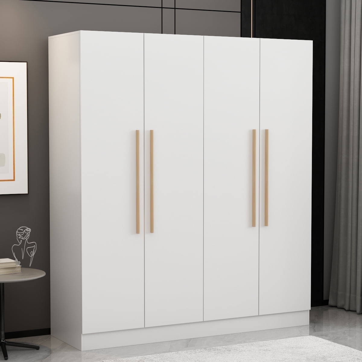 MONSLIPA Wardrobe Closet, 4 Door Wooden Armoire Storage with Hanging Rods for Bedroom, White