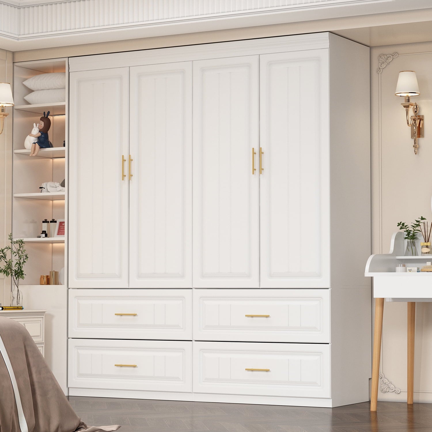 WIAWG 4 Door Wardrobe Closet with 4 Drawers & Shelves, Armoire Wardrobe Closet with Hanging Rod, for Bedroom White and Gold