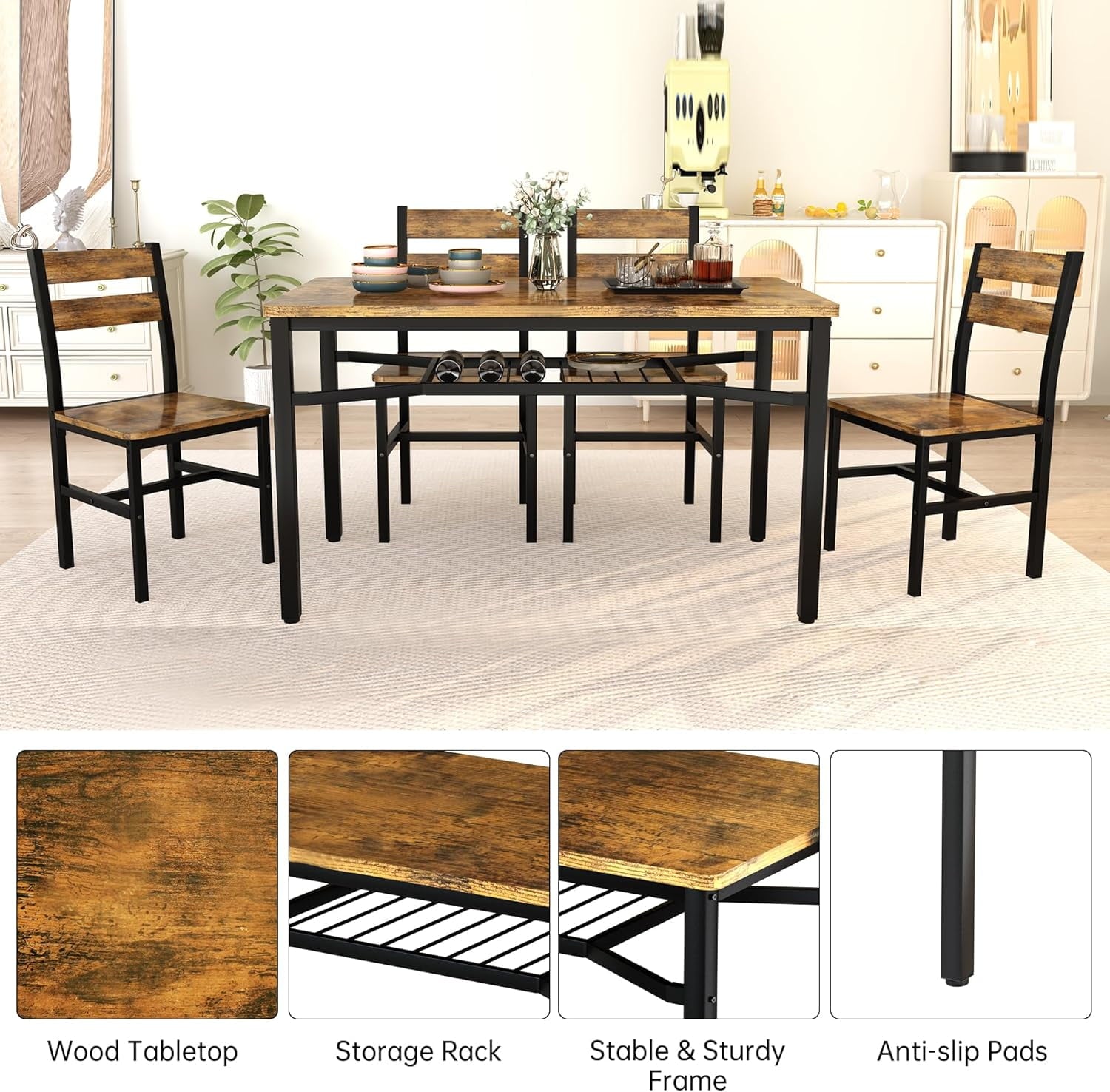 Baxluxe 4-person dining table set, farmhouse-style wooden kitchen dining table and chair set, farmhouse 5-piece dining table set with storage rack, small kitchen dining table set,Black