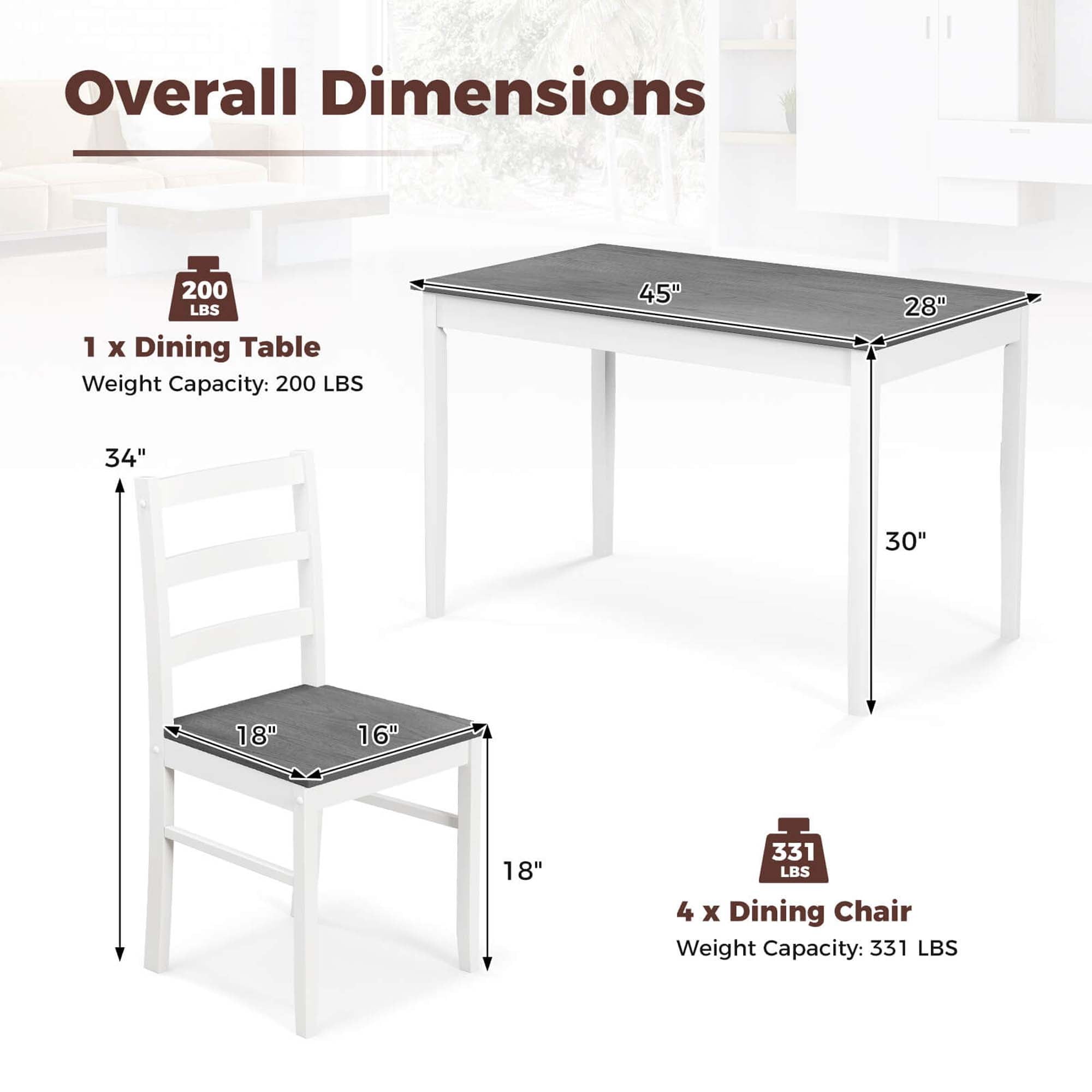 Costway 5-Piece Dining Set Solid Wood Kitchen Furniture with Rectangular Table & 4 Chairs