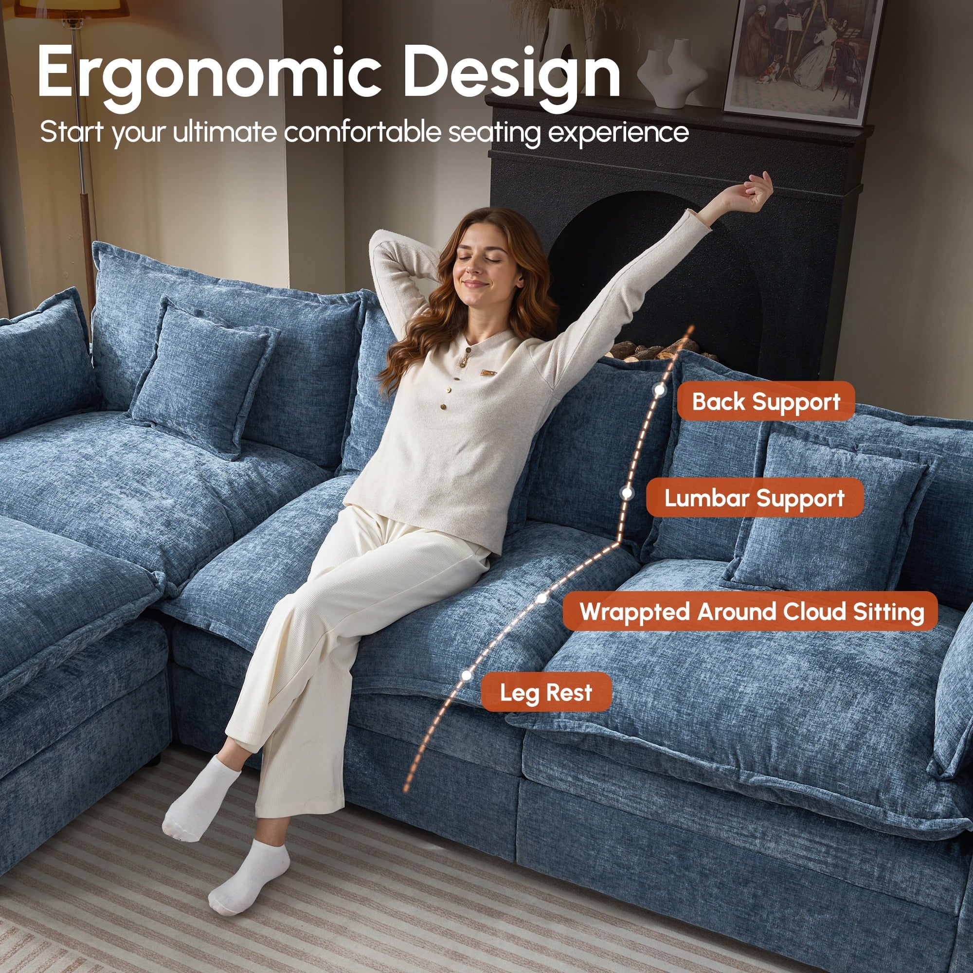 Ovios 108 Modular Sectional Sofa U-Shaped Cloud Couch with 2 Ottomans, Comfy Living Room Furniture, Chenille, Dark Blue