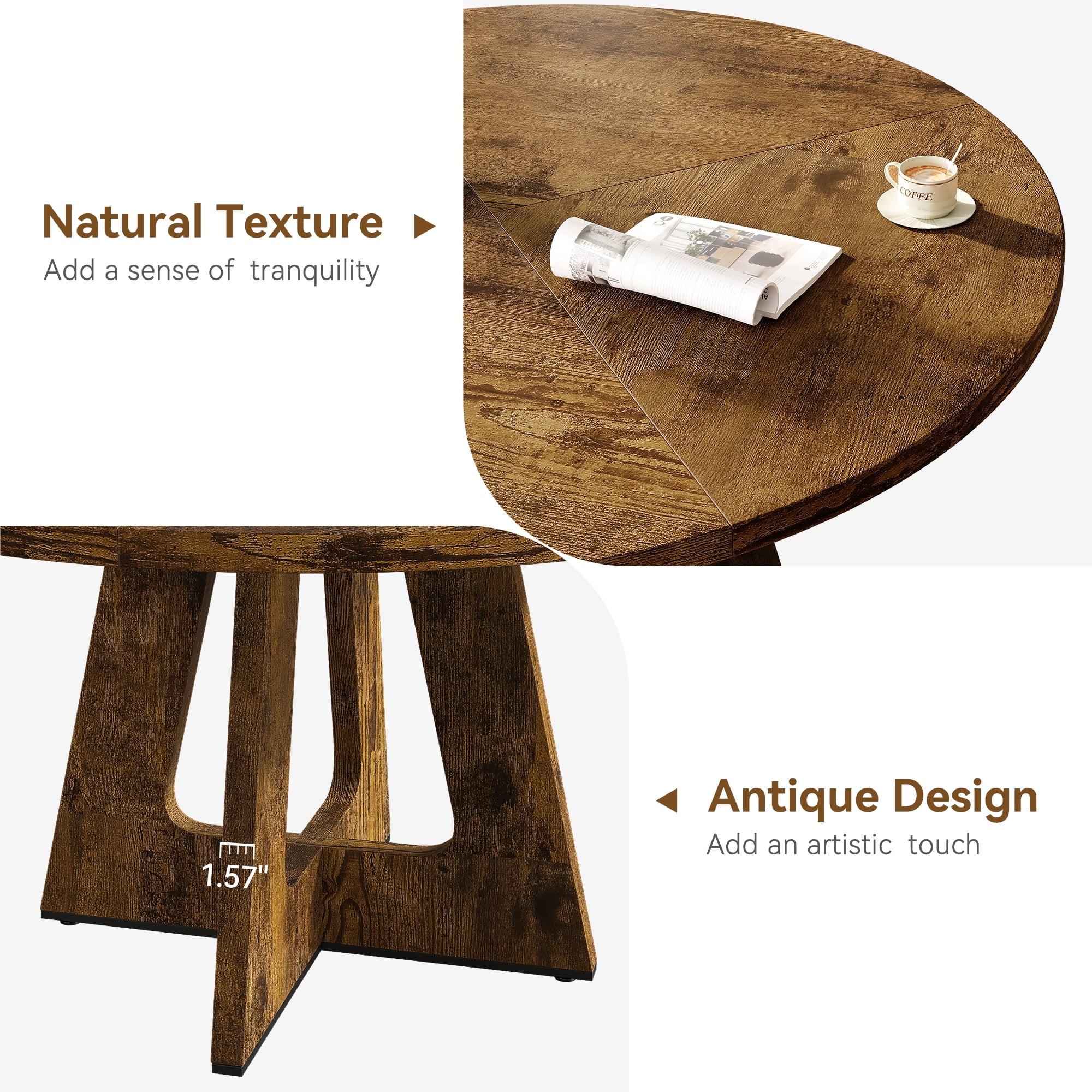 47'' Round Large Dining Table Set for 4 to 6,Mid Century Wood Dinner Table with Wide Tabletop and Cross Base,Dining Room Table for Home Dining Room or Living Room (No Chairs)