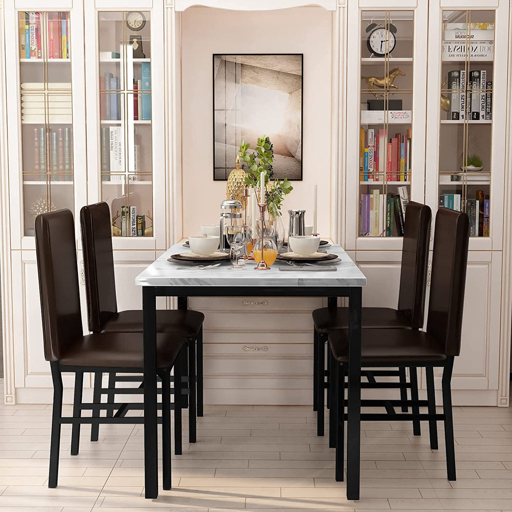 MIERES 5-Piece Dining Table Set for 4, Faux Marble Kitchen Table and 4 Chairs, Modern Dining Room Table with 4 Chairs, Dinner Table Set for Small Spaces, Brown