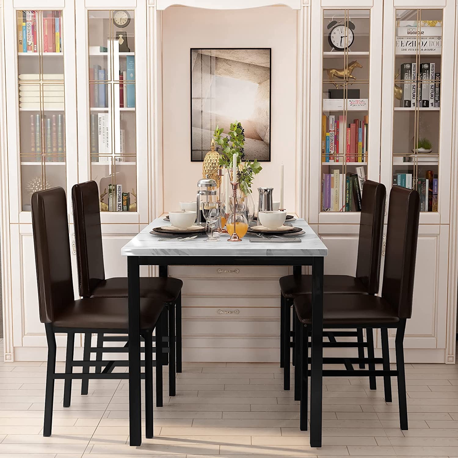 MIERES 5 Piece Dinning Table Sets for 4, Marble Kitchen Table and Chairs for 4,Dining Room Table Set with PU Leather Chairs,Faux Marble Dining Set for Small Spaces,Living Room,White+Brown