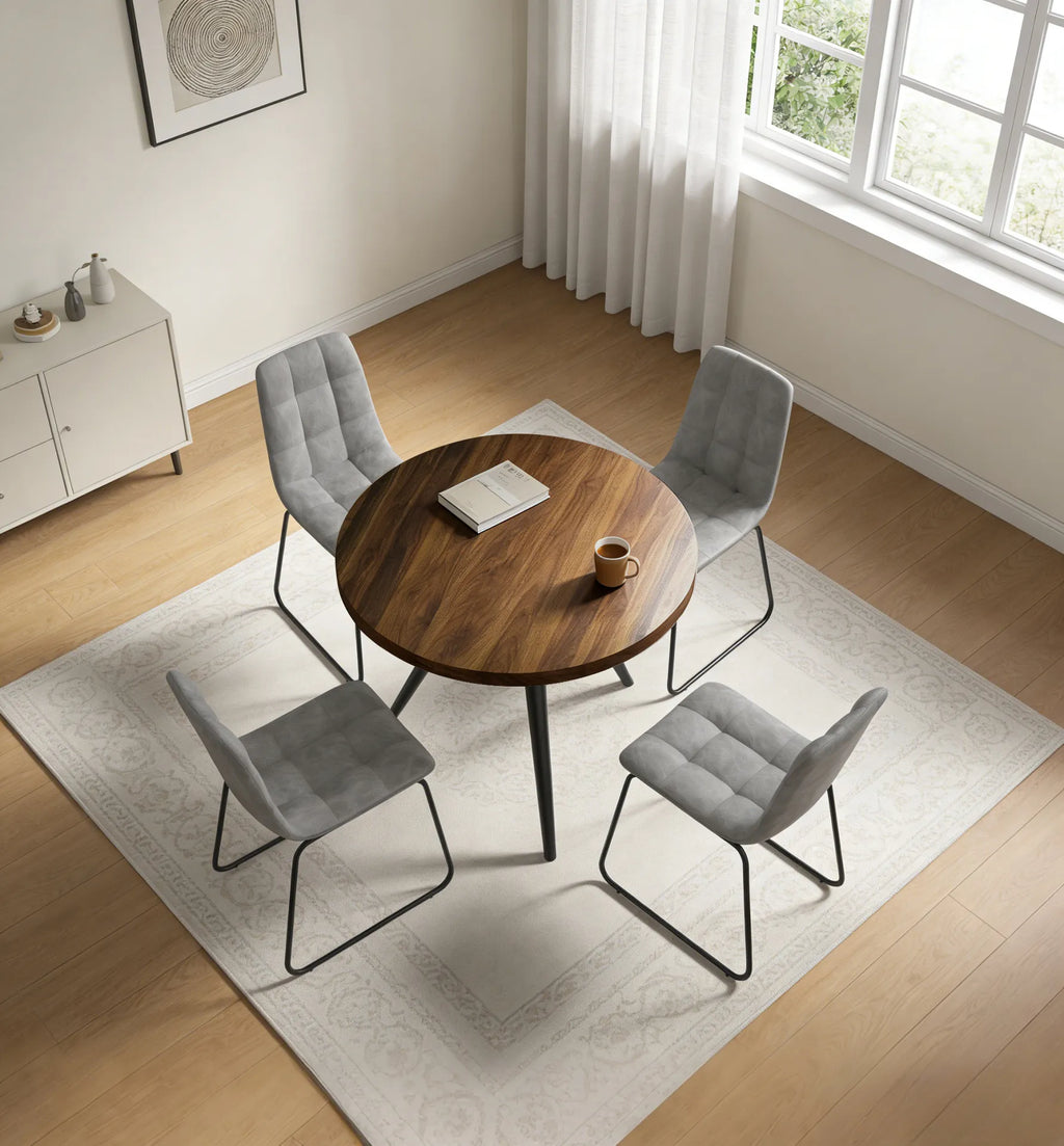 34.8 Round Dining Table Set for 4,5 Piece Mid-Century Modern Dining Set with 4 Upholstered Dining Chairs,Leisure Coffee Table for Kitchen Dining Room, Save Space