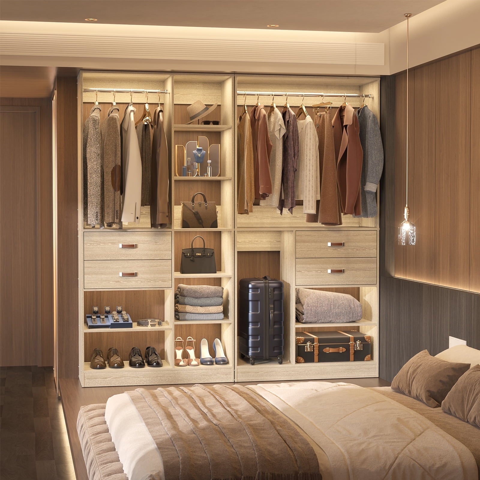 Homieasy 39.4'' W Closet System with Wooden Drawers and Hanging Rods, White