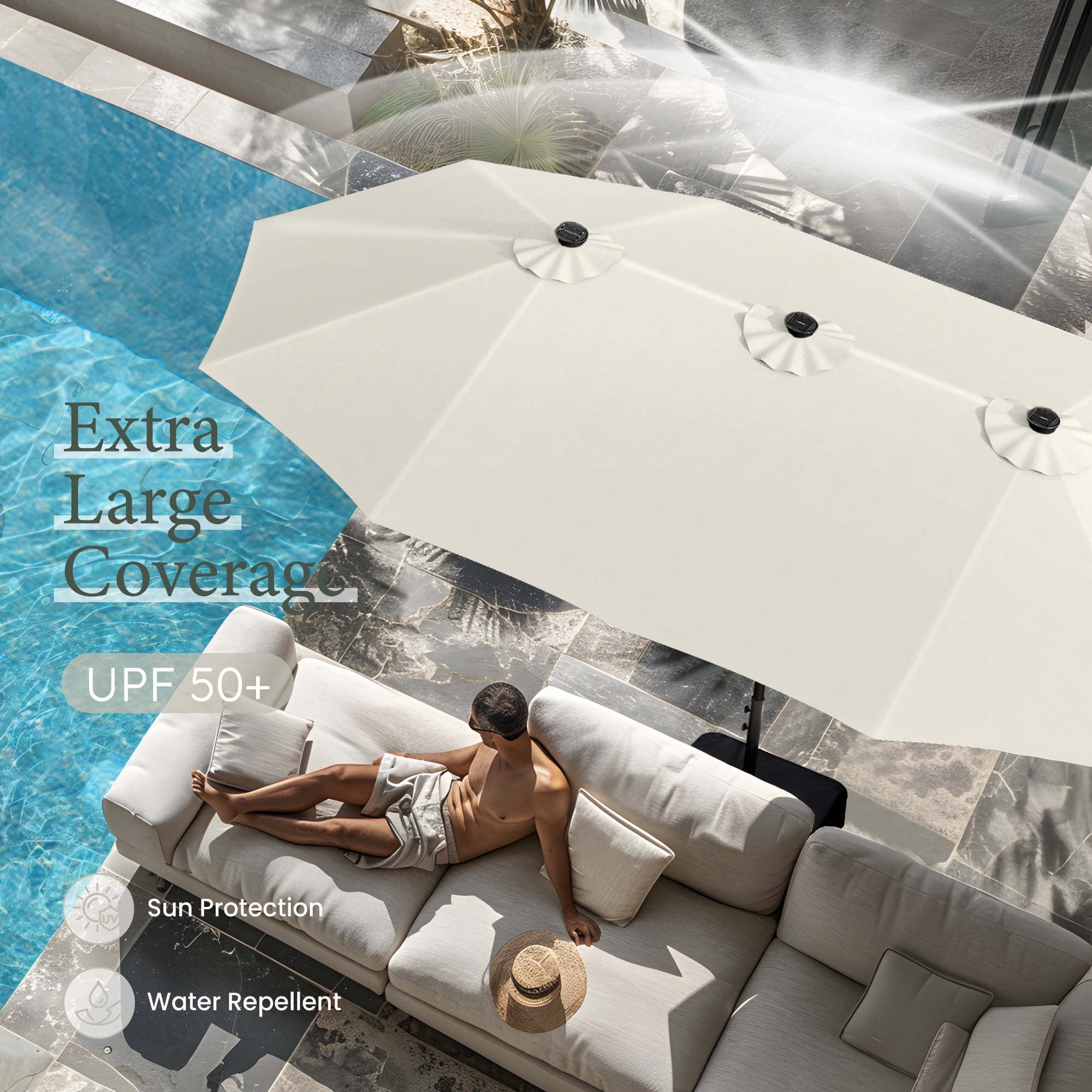 SUMMIT LIVING 15 FT Double-Sided Solar Patio Umbrella with Base Large Outdoor Umbrella with LED Solar Lights - Haze Blue