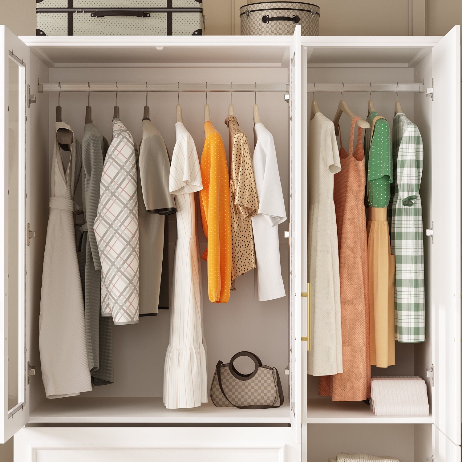 KULAGAGA Wardrobe Closet with Hanging Rod, Modern Wooden Armoire with 4 Framed Doors & 3 Large Shelves, Clothes Storage Cabinet Organizer for Bedroom Apartment, White