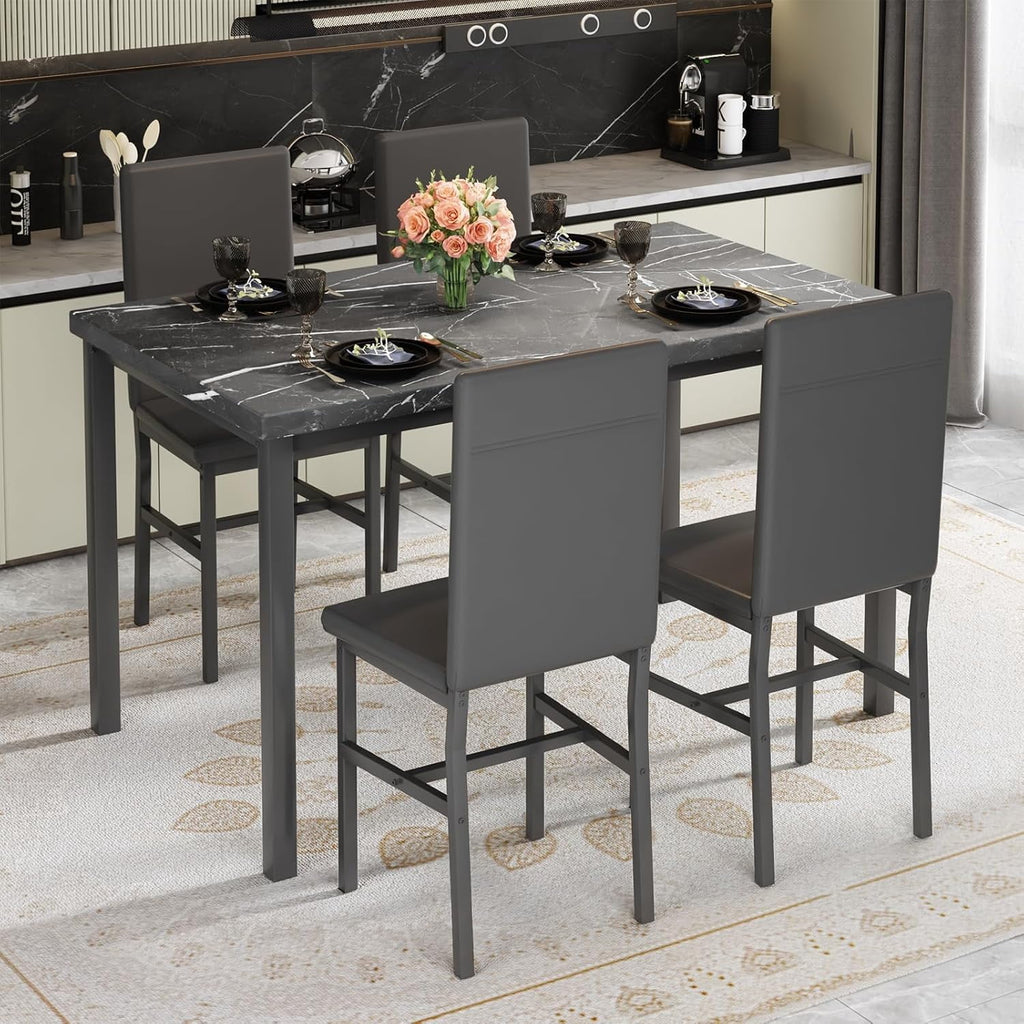 MIERES 5-Piece Dining Table Set for 4, Faux Marble Kitchen Table and 4 Chairs, Modern Dining Room Table with 4 Chairs, Dinner Table Set for Small Spaces, Brown
