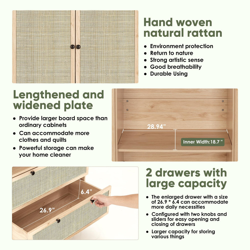 Brafabhome 67H Fluted Armoire Wardrobe Closet with Drawer, Wooden 2 Doors Wardrobe Cabinet with Hanging Rod & Adjustable Shelf for Bedroom | Nature