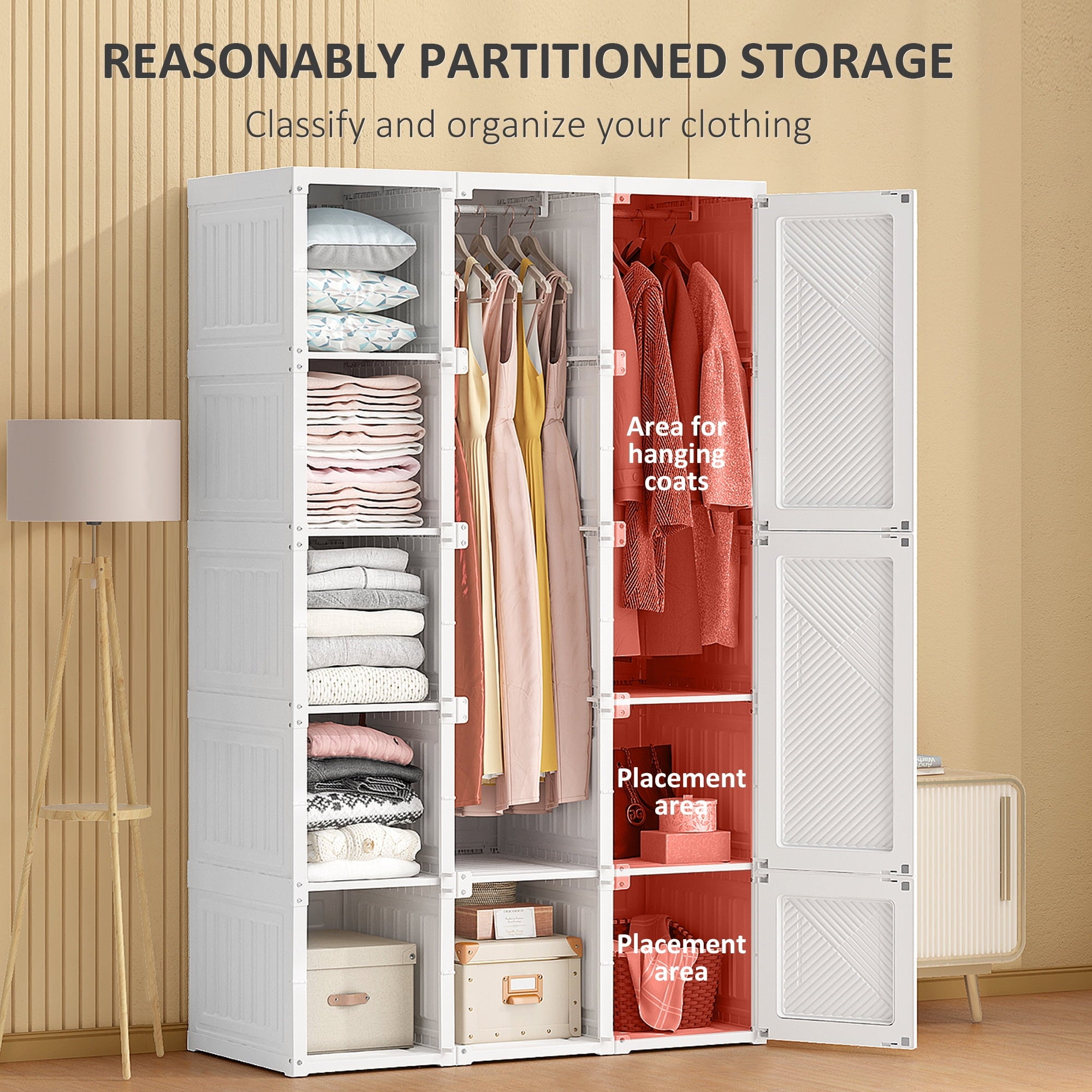 HOMCOM Portable Wardrobe Closet, Folding Bedroom Armoire, Clothes Storage Organizer with 11 Cube Compartments, Hanging Rod, Magnet Doors, White