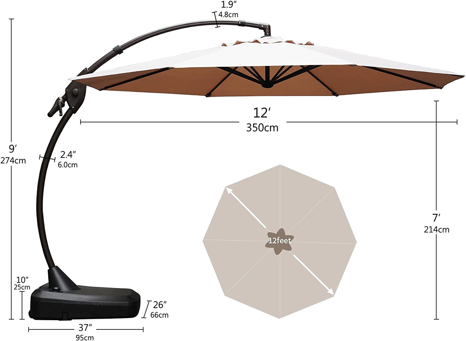 GRANDPATIO 12 Ft Outdoor Umbrella with Base, Large Aluminum Cantilever Offset Umbrella for Patio Pool, Black & White