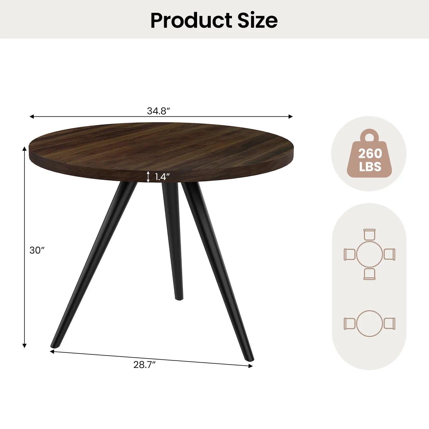 34.8 Round Dining Table Set for 4,5 Piece Mid-Century Modern Dining Set with 4 Upholstered Dining Chairs,Leisure Coffee Table for Kitchen Dining Room, Save Space