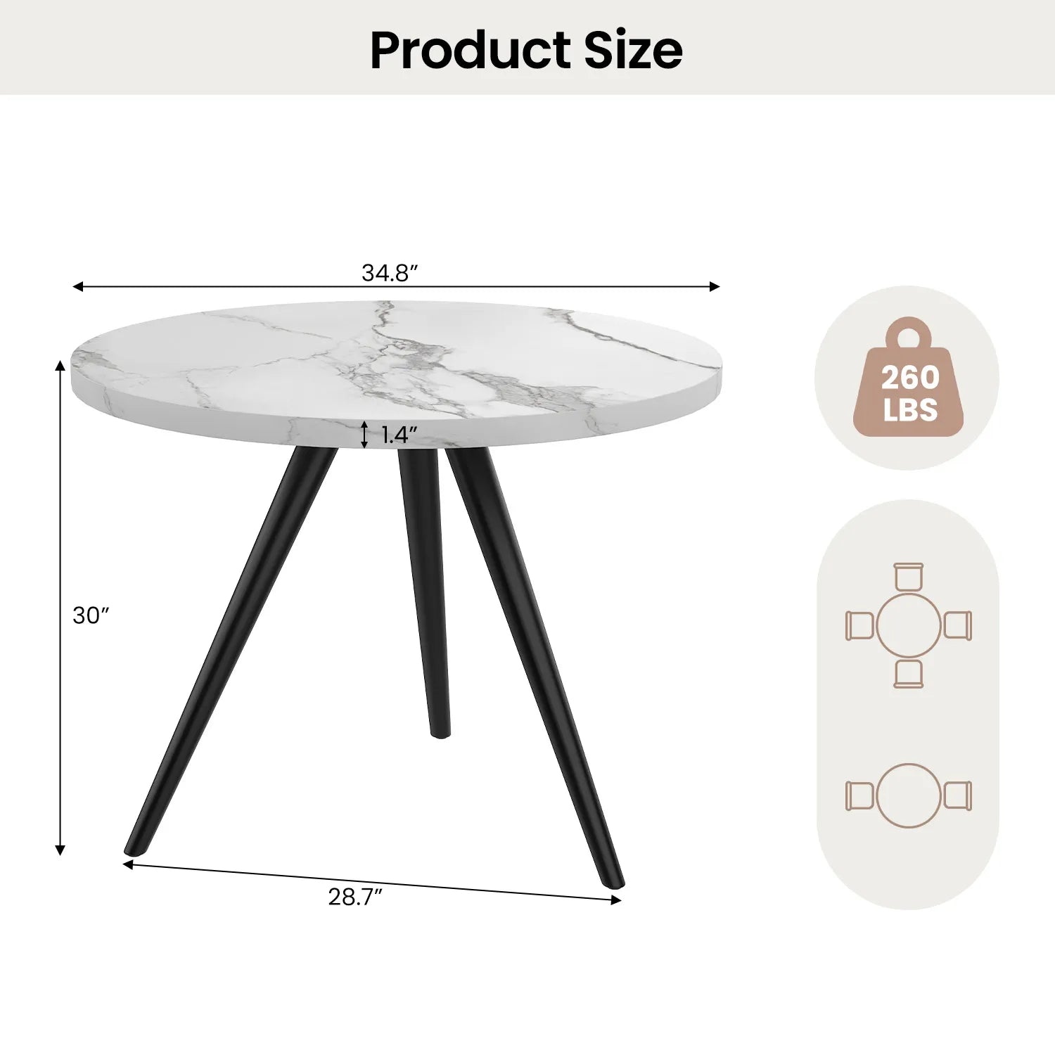 34.8 Round Dining Table Set for 4,5 Piece Mid-Century Modern Dining Set with 4 Upholstered Dining Chairs,Leisure Coffee Table for Kitchen Dining Room, Save Space
