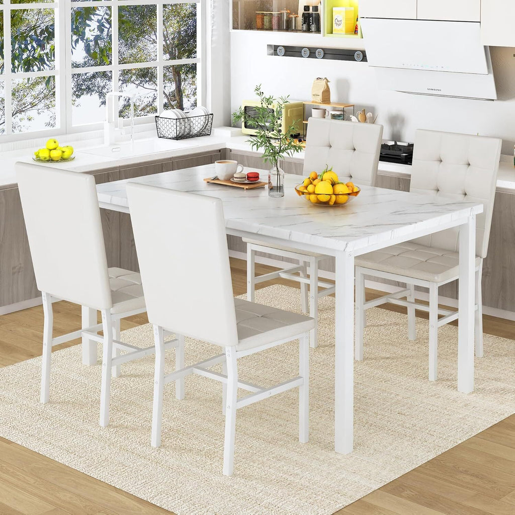 MOOSENG 5-Piece Dining Table Set with Faux Marble Top, Modern Kitchen Table and Set of 4 Grey Velvet Upholstered Chairs, Space-Saving Dinette Set for Small Spaces