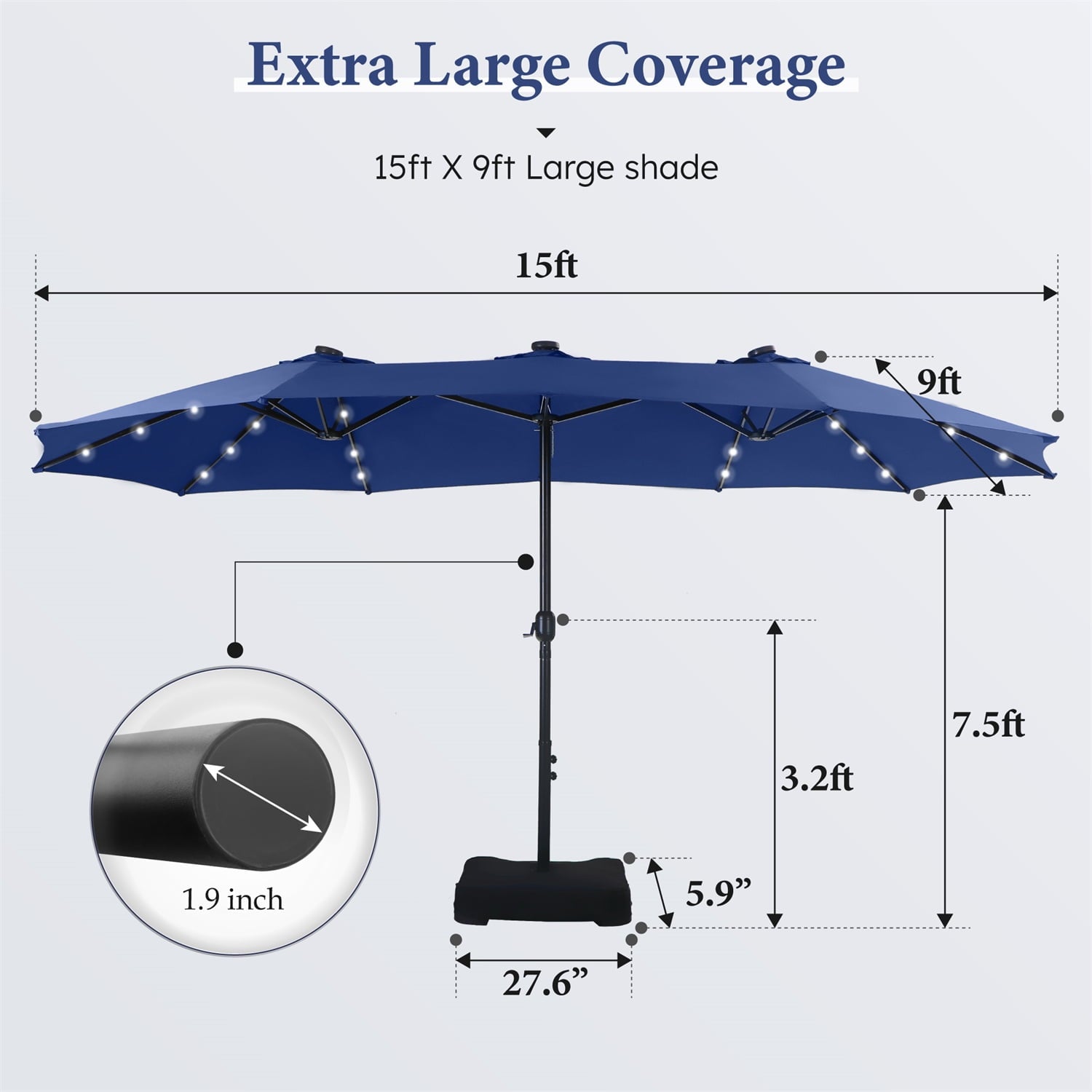 SUMMIT LIVING 15ft Double-Sided Solar Patio Umbrella with Base (Included) Large Outdoor Umbrella with Solar Lights - Beige