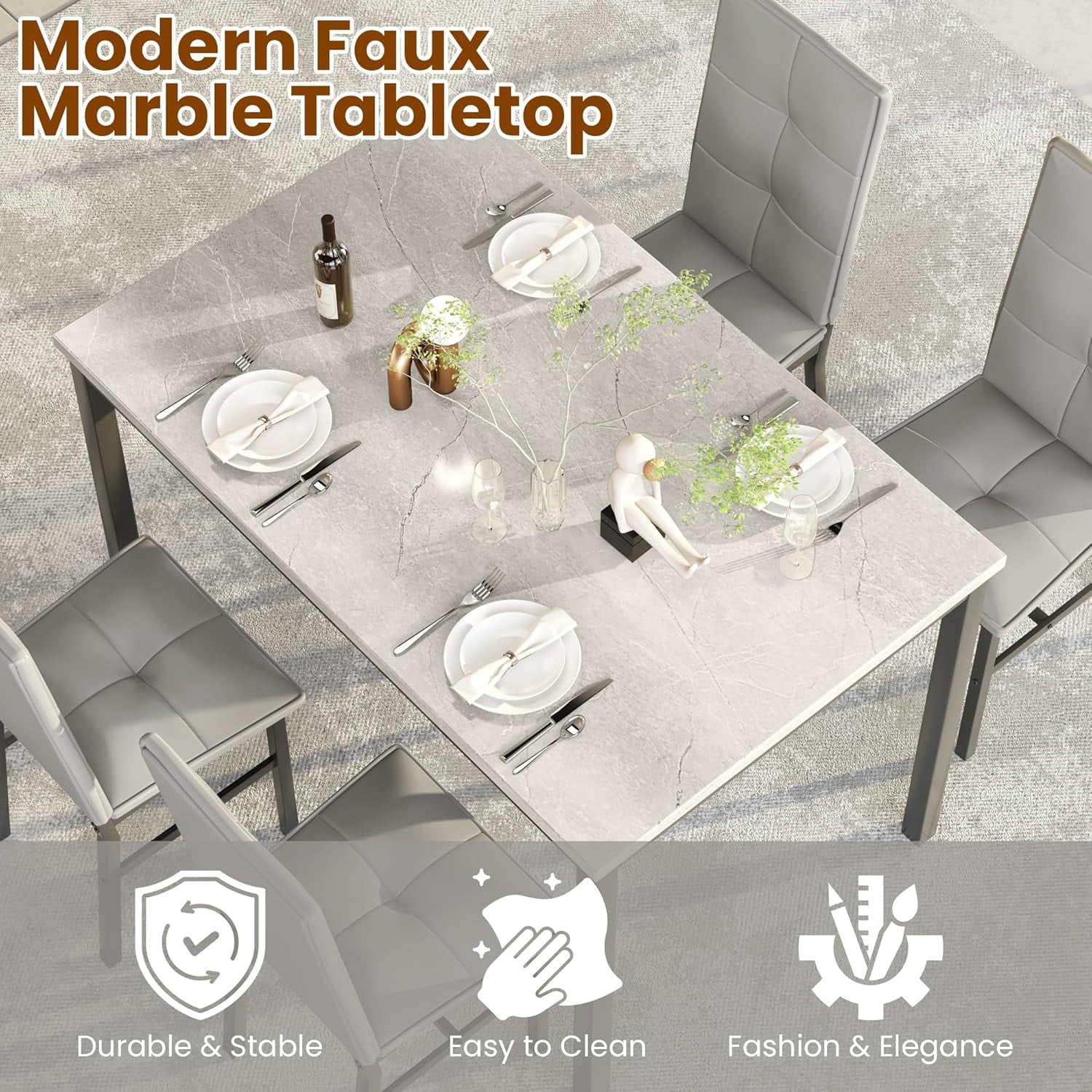 LinkRomat Dining Table Set for 4, Modern Faux Marble Tabletop and 4 PU Leather Upholstered Chairs, Kitchen Table and Chairs for Dining Room Breakfast Nook, Gray