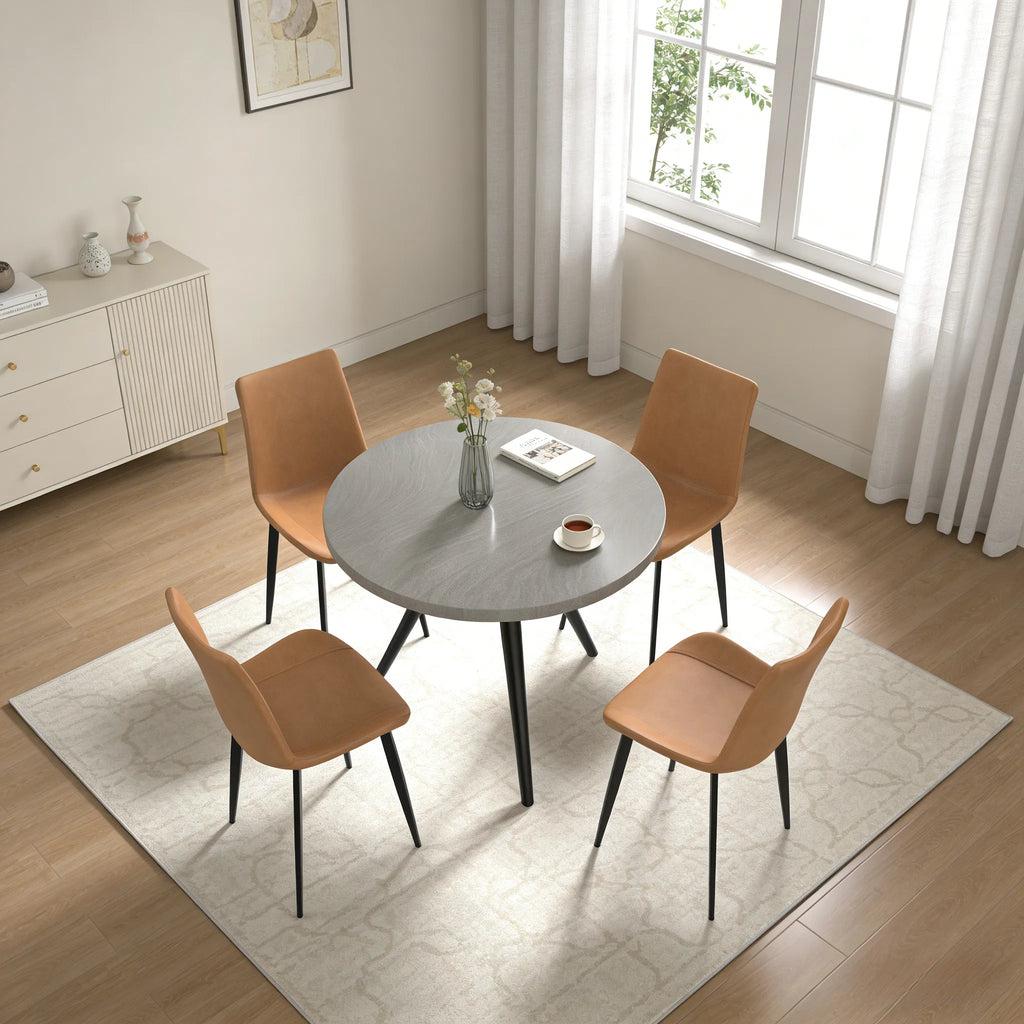 34.8 Round Dining Table Set for 4,5 Piece Mid-Century Modern Dining Set with 4 Upholstered Dining Chairs,Leisure Coffee Table for Kitchen Dining Room, Save Space